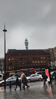 The BT Tower with the Ukraine flag on its screen towering over the local buildings