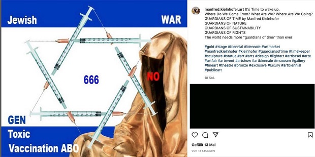 Uma imagem de tela de um post do artista Manfred Kielnhofer da Áustria retratando uma bandeira israelense com uma estrela de Davi composta de seringas e uma de suas estátuas. (O Facebook)