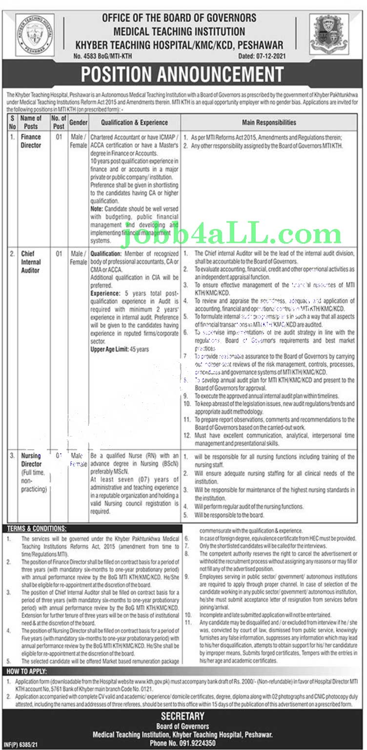 Khyber Teaching Hospital Job in KPK Peshawar – KTH Jobs in Peshawar 2021