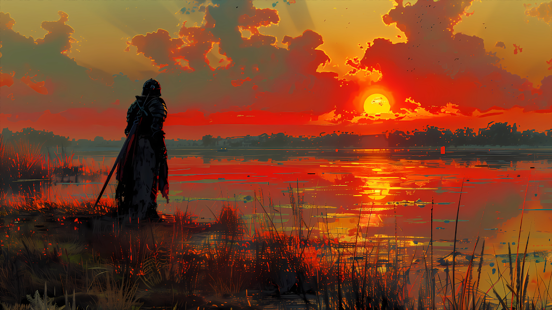 Silhouette of a warrior overlooking a sunset reflected on tranquil waters, amidst a fiery sky.