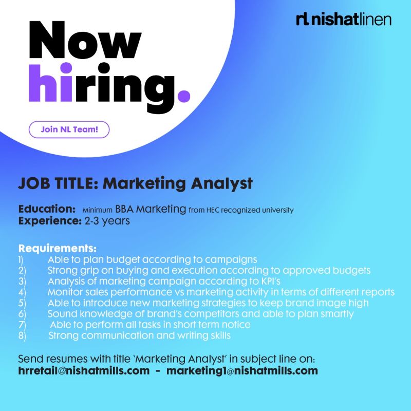 Nishat Linen NL Jobs Marketing Analyst