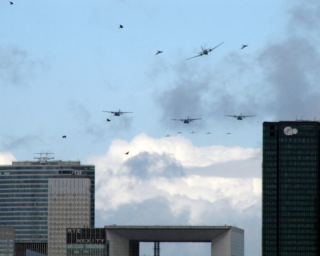 Planes and birds flying over La Défense on Bastille Day, seen from the Avenue de la Grande-Armée, Paris