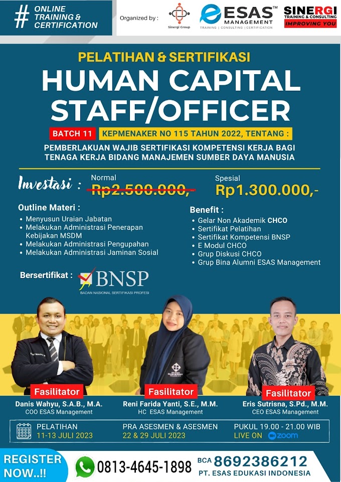 WA.0813-4645-1898 | Sertifikasi BNSP RI Human Capital Staff/Officer | Certified Human Capital Officer (CHCO) 11 Juli 2023