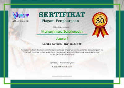 Download Contoh Sertfikat Piagam Penghargaan Lomba Tahfidz Qur'an