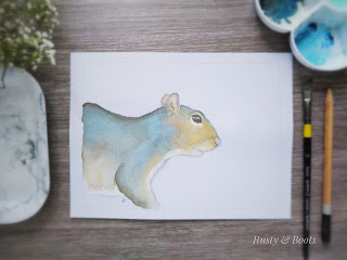 A grey squirrel watercolour on a white background.