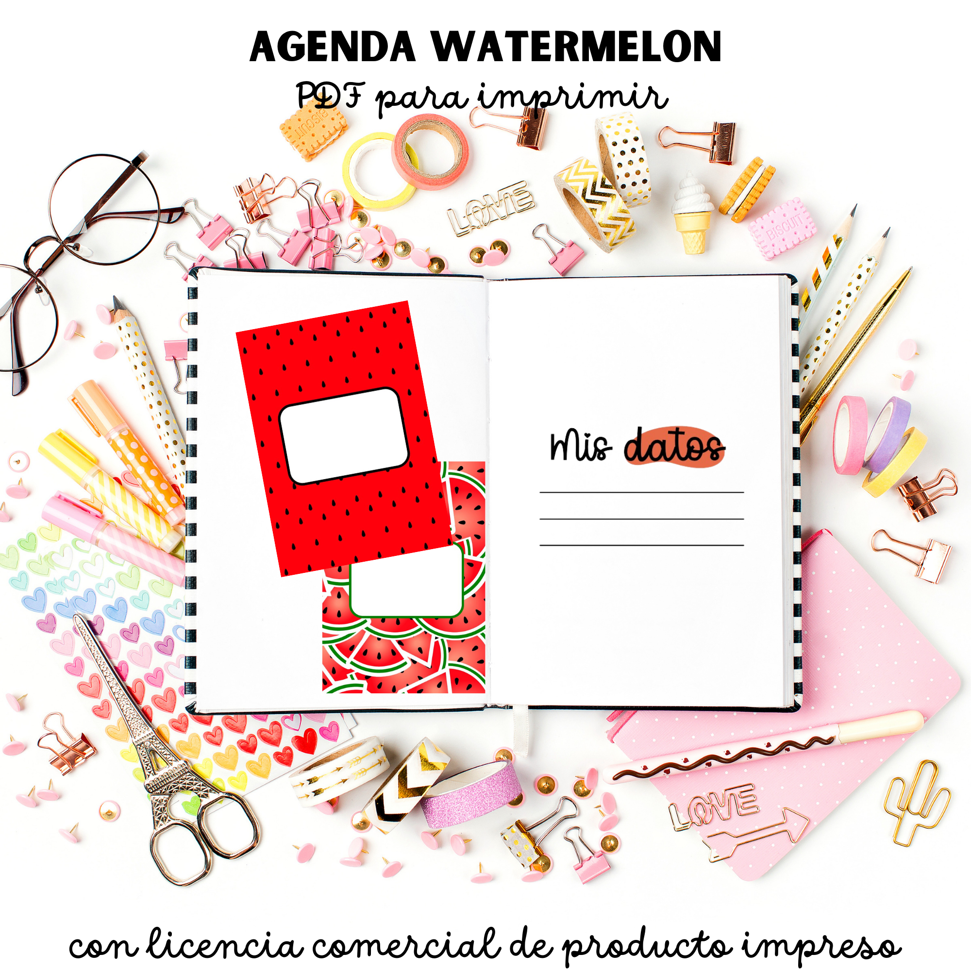 agenda, permanente, imprimir, imprimible, A5, watermelon, stickers, licencia comercial