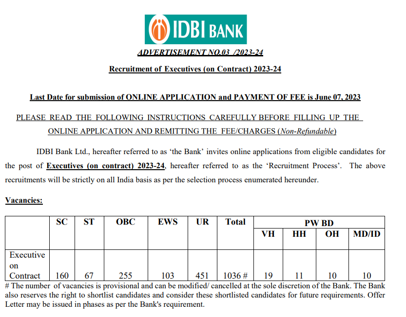 IDBI Bank வேலைவாய்ப்பு 2023 1036 Executive காலியிடங்கள்