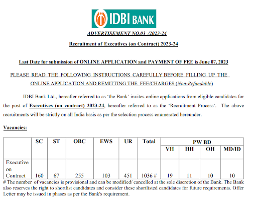 IDBI Bank Recruitment 2023 Apply for 1036 Executive Posts