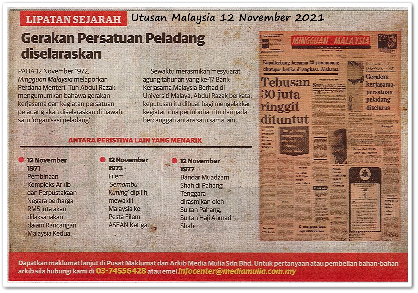 Lipatan sejarah 12 November - Keratan akhbar Utusan Malaysia 12 November 2021