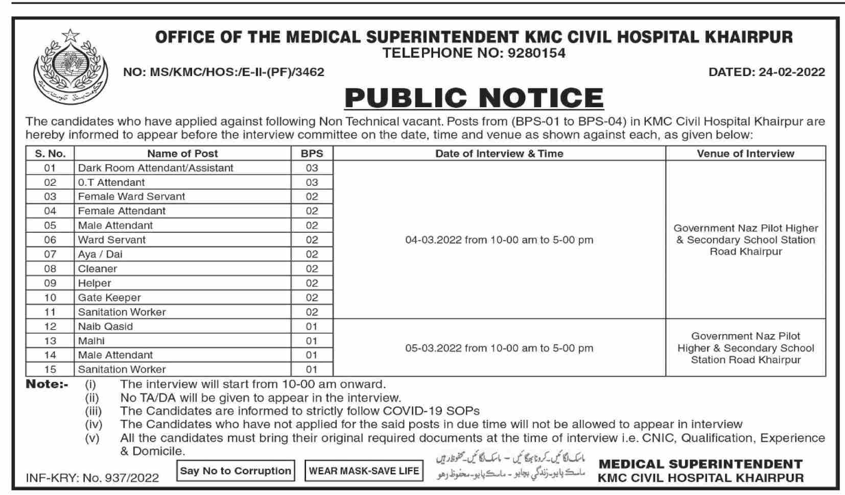 KMC Civil Hospital Khairpur Interviews 2022