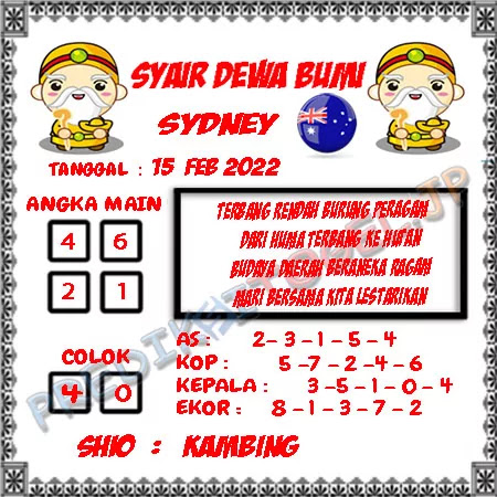 Syair Dewa Bumi Sydney Selasa 15-Feb-2022