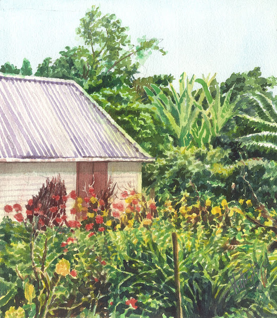 Watercolour of a small white house in a creole garden with colourful flowers, "Jardin créole," by William Walkington