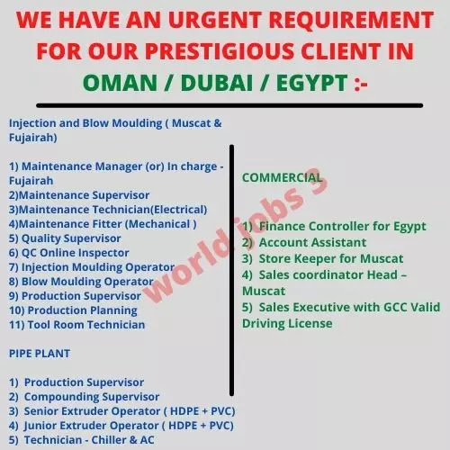 WE HAVE AN URGENT REQUIREMENT FOR OUR PRESTIGIOUS CLIENT IN OMAN / DUBAI / EGYPT :-