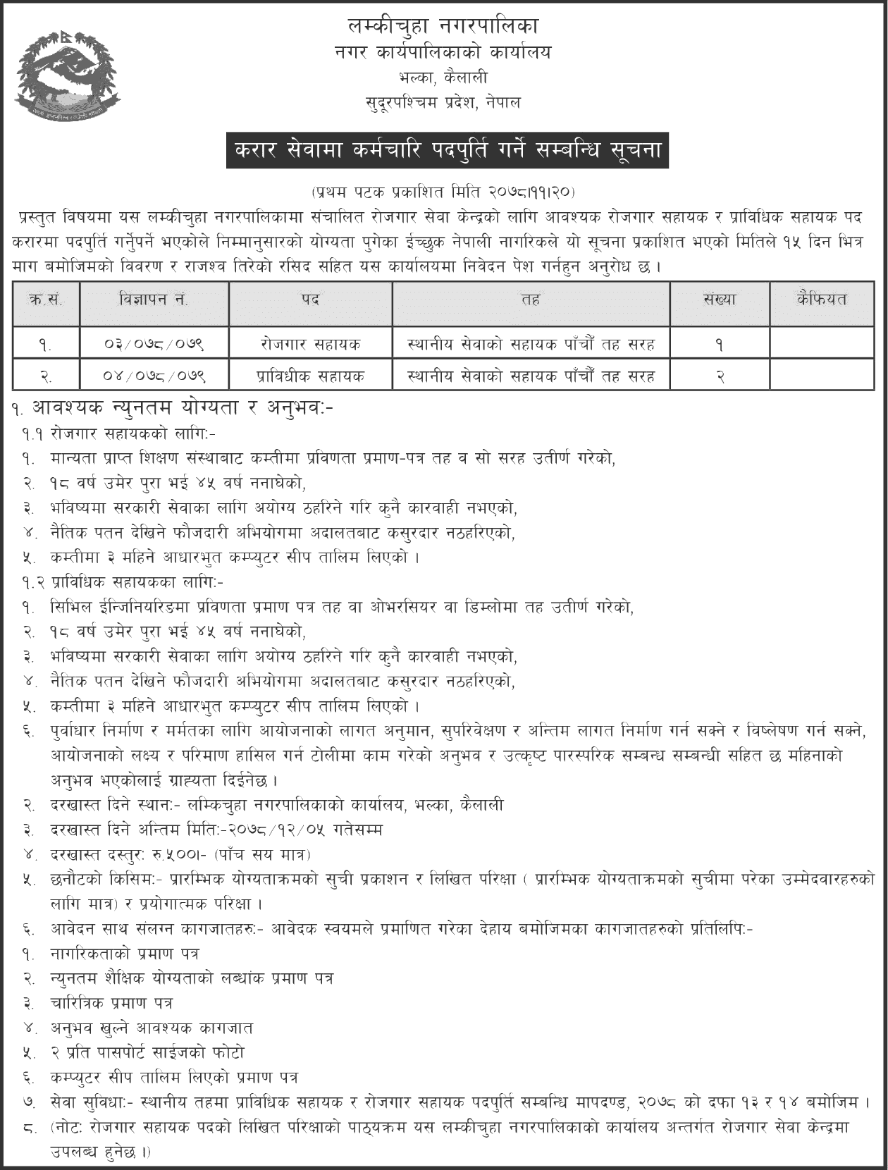 Lamkichuha Municipality Vacancy for Announcement