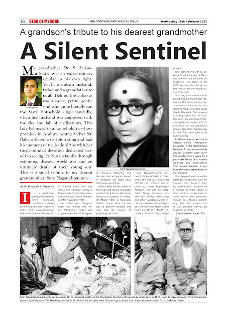 Star of Mysore article by Dr. Bhagirath. S. Naganath on Mrs. Nagarathnamma (16 Feb 2022)