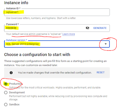 SQL instance, environment, password