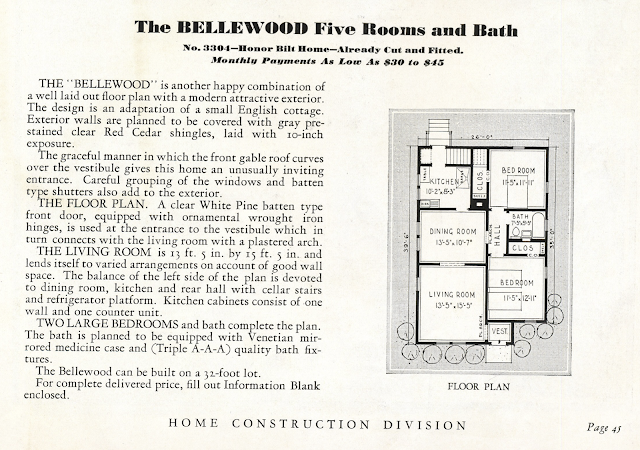 black and white image of floor plan of Sears Bellewood in 1931 Sears Modern Homes catalog