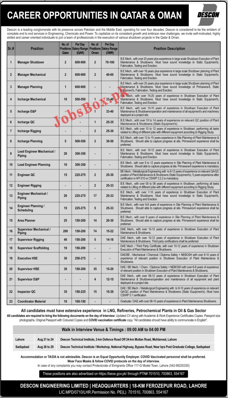 Descon Engineering Limited Jobs 2021 in Qatar & Oman (2000 Vacancies)  website https://beoe.gov.pk/