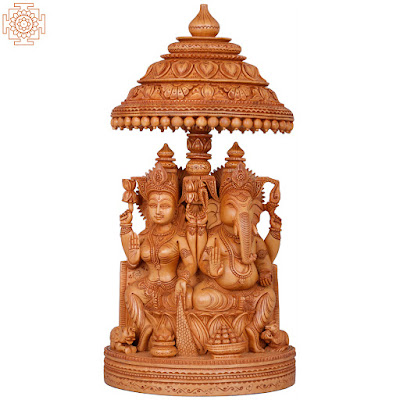 Superfine Lakshmi Ganesha Wooden Statue on Lotus Throne with Parasol From Rajasthan