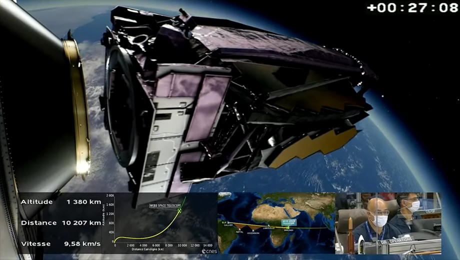 27min: Animation of JWST separation from Ariane 5 upper stage at a speed of 9.5km/s and an altitude of 1,380km, 10,207km away from the Spaceport. JWST successfully delivered into orbit. NASA/ESA, 25 December 2021.