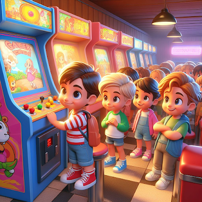 Kids waiting to play at the Arcade cabinet