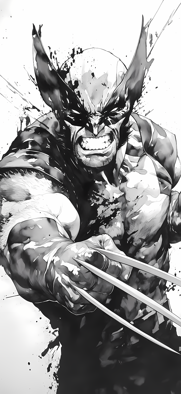A black and white image of Wolverine, a fierce mutant superhero with three claws on each hand, lunging forward with a determined expression and a bloody face.

