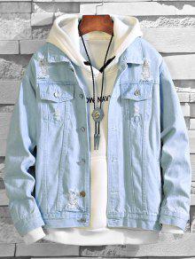 Solid Color Ripped Decorated Denim Jacket - Light Blue L