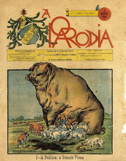 A imagem é da capa do nº 1 do jornal "A Paródia", de Bordalo Pinheiro, publicado a 17 de Janeiro de 1900. Retirada da página do Museu Bordalo Pinheiro