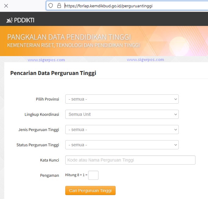 Tampilan laman utama pencarian data pergurua tinggi forlap ristekdikti siger pos