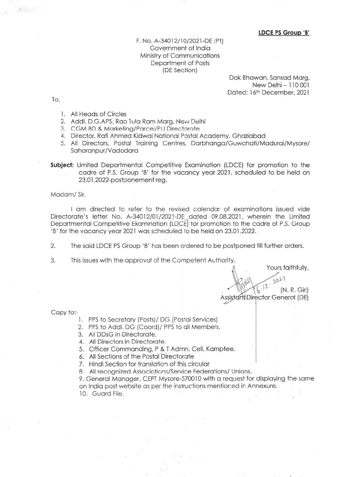 Limited Departmental Competitive Examination (LDCE) for promotion to the cadre of P.S. Group 'B' for the vacancy year 2021 , scheduled to be held on 23.01.2022-postponement reg.