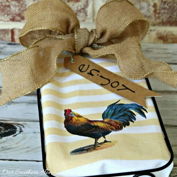 Photo of a no sew kitchen rooster towel.