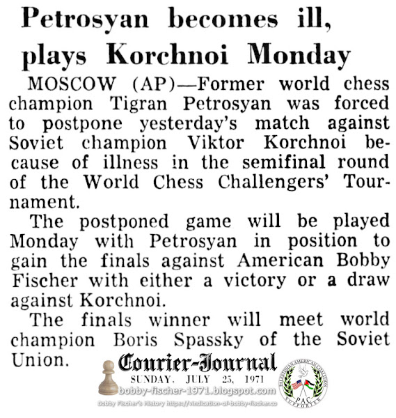 Petrosyan Becomes Ill, Plays Korchnoi Monday