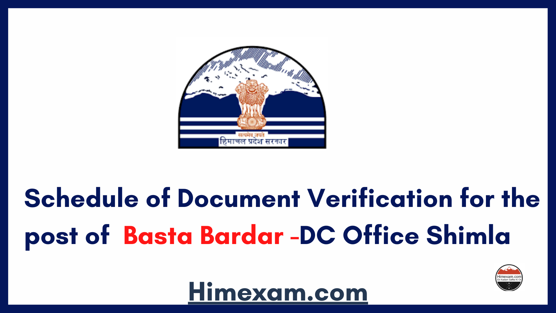 Schedule of Document Verification for the post of  Basta Bardar -DC Office Shimla