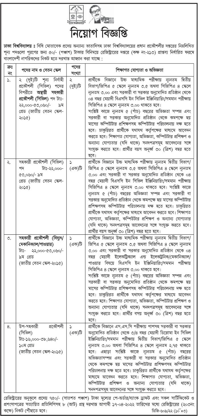 ঢাকা বিশ্ববিদ্যালয় নিয়োগ বিজ্ঞপ্তি ২০২২ |  Dhaka University Job Circular 2022