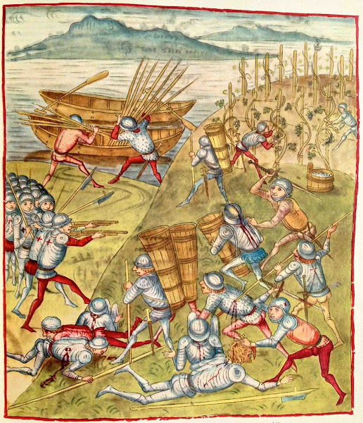 Imagem 740A | Dois soldados à esquerda usando arcabuzes, 1470. | Diebold Schilling carregado por Adrian Michael / Domínio público