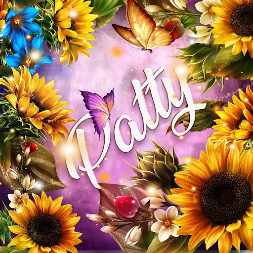 imágen con el nombre patty con fondo de girasoles y mariposas para descargar gratis