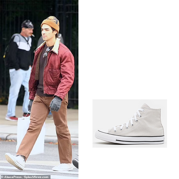 Joe Jonas wearing Converse All Stars Hi in Pale Putty in New York City on November 14, 2021