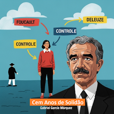 A ilustração busca capturar a essência de "Cem Anos de Solidão" de Gabriel García Márquez, ao mesmo tempo em que tece os complexos conceitos de desvio, controle e liberdade propostos por Michel Foucault e Gilles Deleuze.  Na imagem, você pode observar elementos que remetem à genealogia e ao controle foucaultiano. As linhas e estruturas que se entrelaçam e se repetem, quase como um labirinto, sugerem as instituições e as normas sociais que, ao longo das gerações Buendía, tentam moldar e enquadrar suas vidas. A repetição cíclica de nomes e eventos na história, que muitas vezes leva a destinos inescapáveis, pode ser interpretada como um sistema de controle implícito que se perpetua através do tempo e da memória familiar. Há uma sensação de vigilância, talvez através de sombras ou pontos de observação, que remete à ideia de panóptico, onde o poder opera de forma invisível, mas constante.  Simultaneamente, a ilustração também incorpora a perspectiva de Deleuze sobre desvio e liberdade. As figuras que parecem se libertar ou se manifestar de formas inusitadas representam os "devires" ou as linhas de fuga que escapam do controle estabelecido. Pense nos personagens excêntricos, nas paixões avassaladoras ou nas invenções fantásticas que surgem em Macondo. Eles são os pontos de ruptura, as manifestações de uma vida que resiste à homogeneização. A presença de elementos surreais e oníricos, característicos do realismo mágico de García Márquez, pode ser vista como uma celebração desses desvios da norma, onde a realidade é constantemente renegociada e expandida, abrindo espaço para a criatividade e a singularidade.  Em suma, a ilustração é uma tentativa de visualizar a tensão dialética entre a ordem imposta (controle) e as forças de resistência e transformação (desvio/liberdade) que coexistem na saga dos Buendía. Ela convida à reflexão sobre como as estruturas de poder moldam as vidas, mas também como a individualidade e a criatividade podem encontrar brechas para florescer, mesmo dentro de sistemas aparentemente fechados.