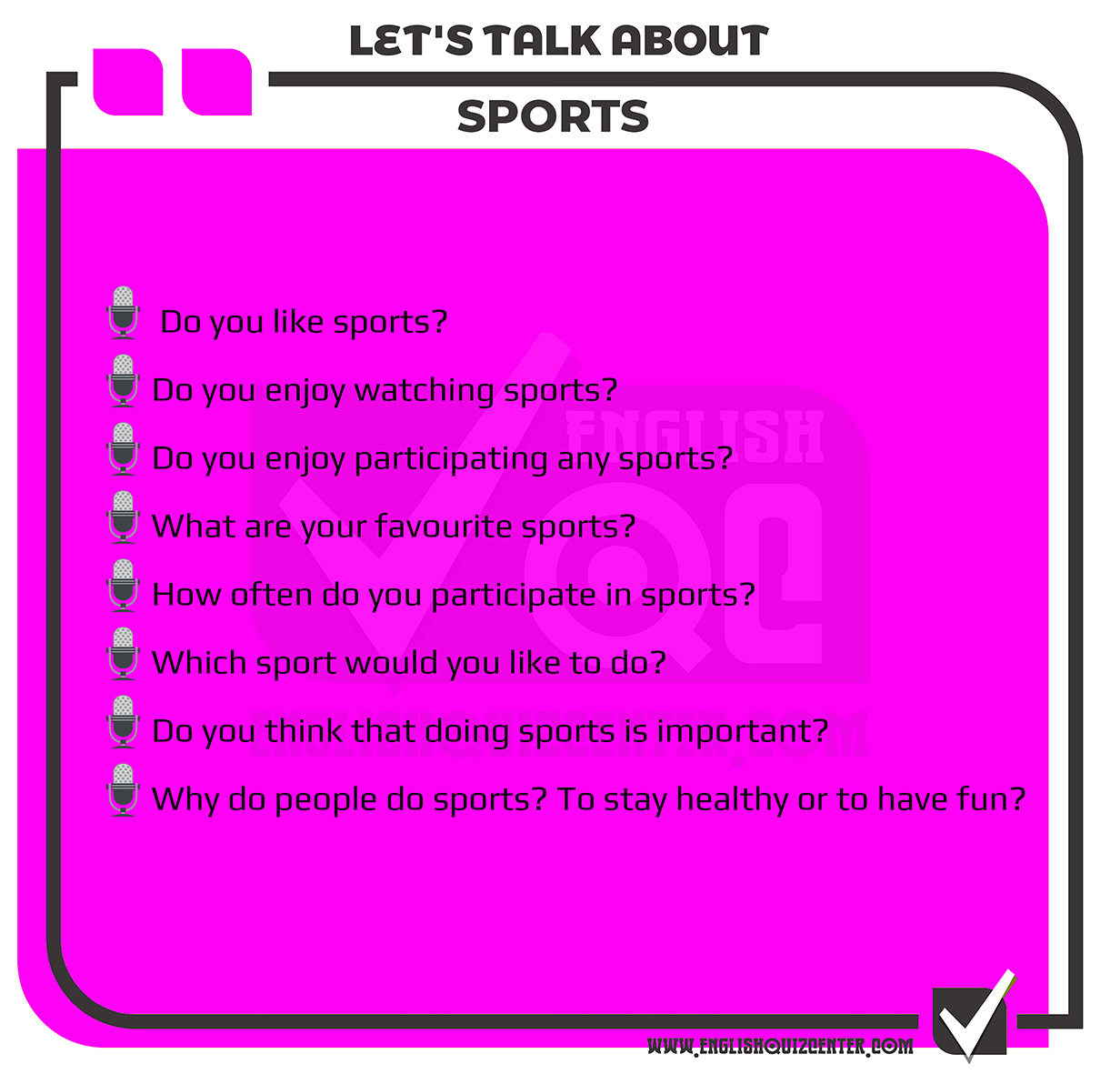 Talking about sports in English. Speaking exams, speaking tests and topics, speaking activities and speaking tests for English teachers.