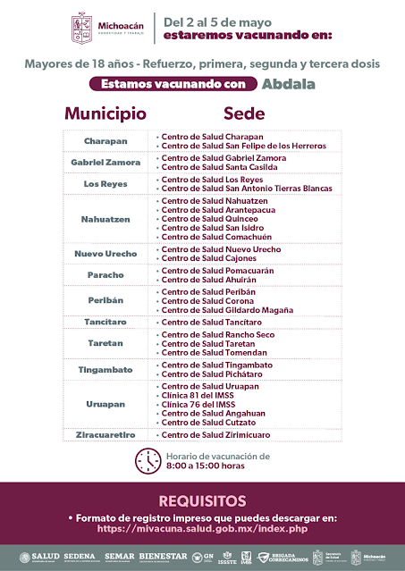 Aplicarán vacuna contra COVID-19 en  Uruapan y otras 67 localidades de Michoacán.