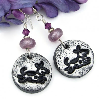 silver black dog earrings lavender lampwork amethyst crystals