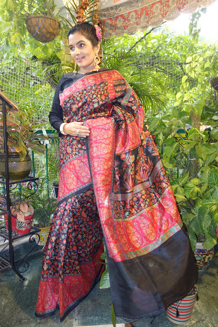 Digital print black kani saree silk cotton