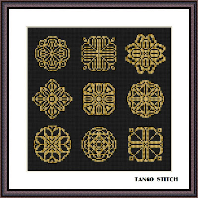 Gold ornaments sampler easy cross stitch needlecraft pattern - Tango Stitch