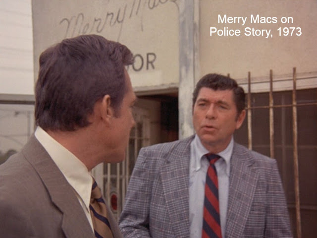 Paul Burke and Claude Akins on Police Story at Merry Macs Liquors Toluca Lake