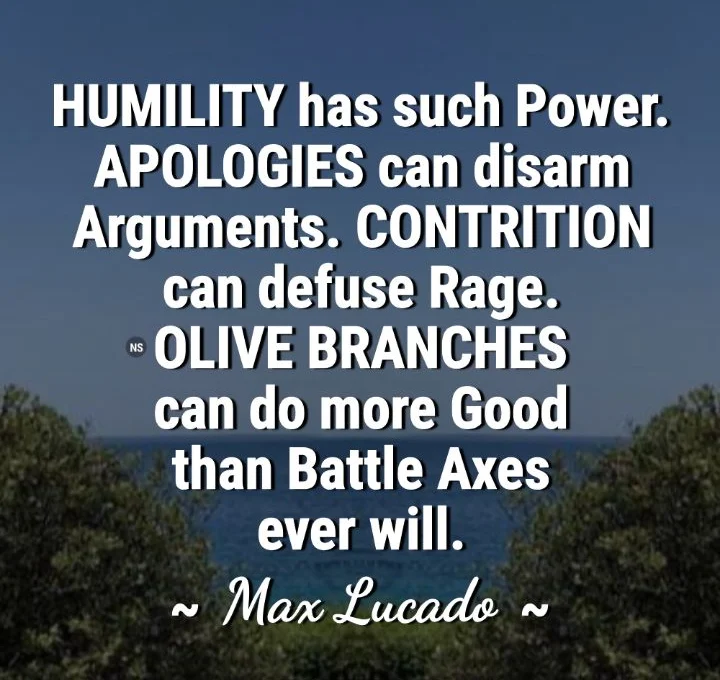 Humility has such power. Apologies can disarm arguments. Contrition can defuse rage. Olive branches can do more good than battle axes ever will - Max Lucado's Quote