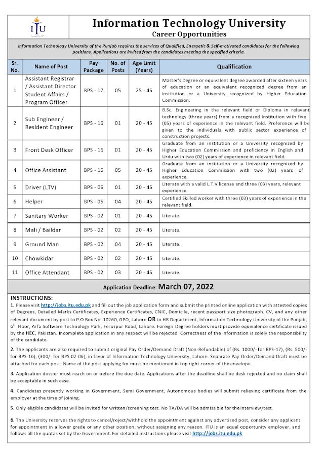 ITU Lahore Management Staff Jobs 2022
