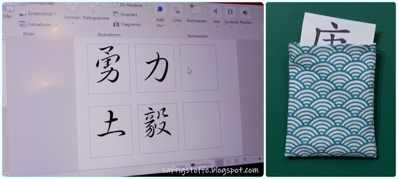 Computerbildschirm mit japanischen Schriftzeichen, die für das Drucken vorbereitet werden und rechts iM Bild ein Omamori, in dem ein Papier mit Schriftzeichen steckt.