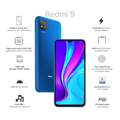 Redmi 9 (Sky Blue, 4GB RAM, 64GB Storage) | 2.3GHz Mediatek Helio G35 Octa core Processor