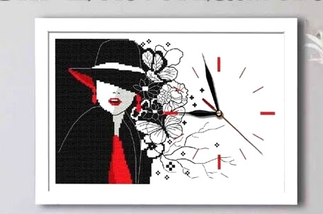 Schema punto croce - orologio con dama dal cappello fiorito