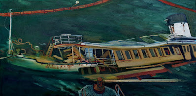 Jane Bennett,maritime artist, painting the wreck of MV Baragoola from the Coal Loader